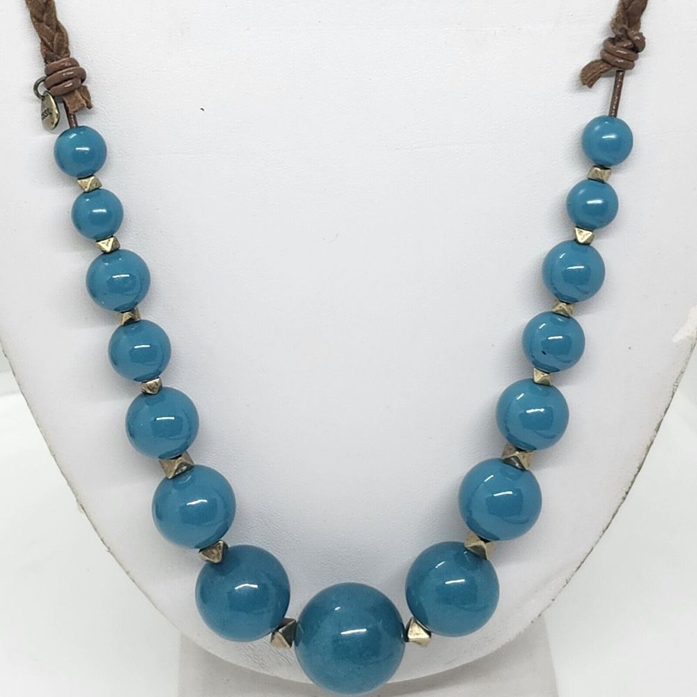 Fossil Teal Graduated‎ Bead Necklace Suede Strap Braided